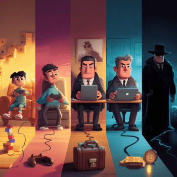 The image is a vertical five-panel comic strip showing a fraudster's evolution. It begins with a young boy playing a video game, then shows him as a teen doing the same, followed by a professional man in a suit at a desk, then a more corporate figure with a laptop, and finally a sinister, well-dressed villain standing over a Bitcoin.
