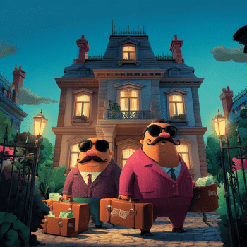 Two wealthy-looking cartoon men with mustaches and sunglasses stand in front of a grand mansion, each carrying large suitcases overflowing with stacks of cash.