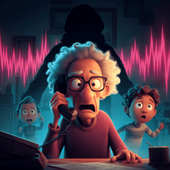 An elderly man with glasses looks intensely shocked and panicked as he listens to a corded telephone receiver. Behind him, two young boys look on with frightened, worried expressions. Looming large in the background is a dark, faceless hooded silhouette, representing the hidden scammer, overlaid with a prominent, jagged pink audio waveform that spans the scene. The image visually illustrates the terror of voice cloning technology, where fraudsters mimic the voices of loved ones to fabricate emergencies and extort money.