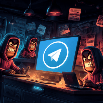 In a dark, cluttered underground lair or hacker workshop, three sinister characters wearing matching purple hoodies and masks, with aggressive, wide-toothed grins, are busy working at computers. A large central monitor prominently displays a glowing blue-and-white paper airplane logo, resembling the Telegram app icon. The walls are covered in messy newspaper clippings and documents pinned up under dim, hanging lamps, casting a warm orange glow on the desks that contrasts with the room's deep blue shadows. The image serves as a visual metaphor for cybercrime channels, underground markets, and fraud-as-a-service (FaaS) networks operating on unmoderated chat platforms.