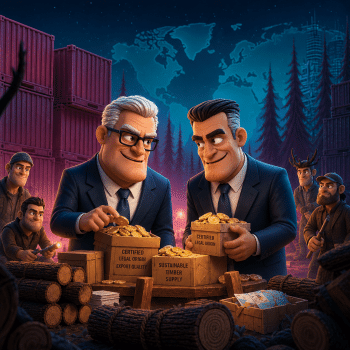 In the center, two smiling businessmen in corporate suits and ties stand over a wooden table, filling wooden crates with shiny gold coins. The crates are stamped with deceptive labels like "CERTIFIED LEGAL ORIGIN EXPORT QUALITY," "CERTIFIED LEGAL ORIGIN," and "SUSTAINABLE TIMBER SUPPLY." Surrounding them in a dark, atmospheric outdoor setting are stacked cut logs, red shipping containers, a faint blue world map overlay in the night sky, and pine trees. On both sides, rugged-looking workers watch the scene with sly expressions, emphasizing the illicit nature of the operation. The image serves as a visual metaphor for how fraudsters manipulate certifications and trade documentation to launder money or sell illegally sourced natural resources under a veneer of legitimacy.