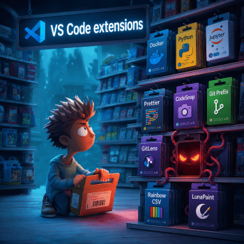 Set inside a retail store aisle with a glowing blue overhead sign that reads "VS Code extensions" alongside the Visual Studio Code logo, a young developer looks surprised and cautious while holding an open cardboard box. To his right, shelves are lined with colorful product packages representing popular coding tools, including Docker, Python, Jupyter, Prettier, CodeSnap, Git Prefix, GitLens, Rainbow CSV, and LunaPaint. Hidden among the legitimate tools is a pitch-black, sinister package with glowing red eyes and pink octopus-like tentacles wrapping around adjacent items, symbolizing a malware-infected or typosquatted extension. The image serves as a visual metaphor for supply chain attacks and the danger of developers unintentionally installing malicious code through untrusted marketplace extensions.