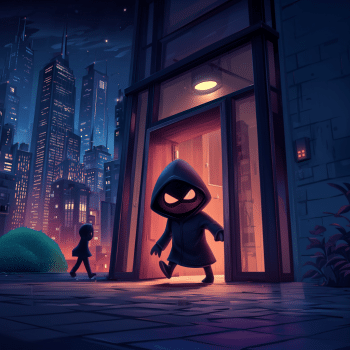 A small, shadowy figure in a dark hoodie with glowing white eyes steps out from a brightly lit office doorway into a dark city street. The glowing interior of the building contrasts sharply with the deep blue and purple tones of the nocturnal cityscape in the background. The image serves as a metaphor for how unauthorized or unmanaged software and hardware - Shadow IT - can create "open doors" or vulnerabilities that allow threats to exit the protected corporate environment or enter it undetected.