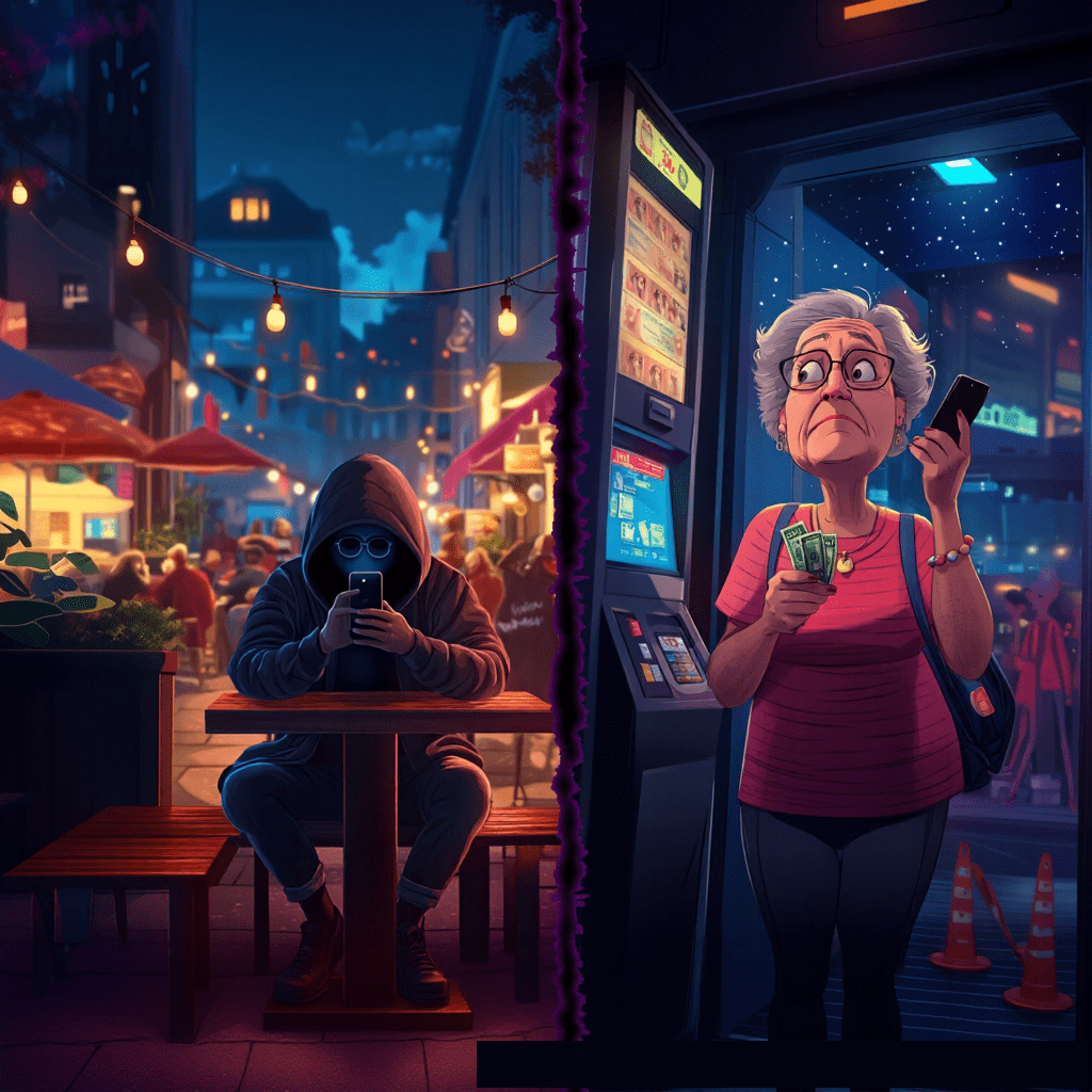 The image is split vertically: on the left, a hooded figure sits alone at a cafe table, engrossed in a phone amidst a lively outdoor setting, while on the right, an elderly woman looks perplexed and concerned while holding cash and a phone near an ATM at night.