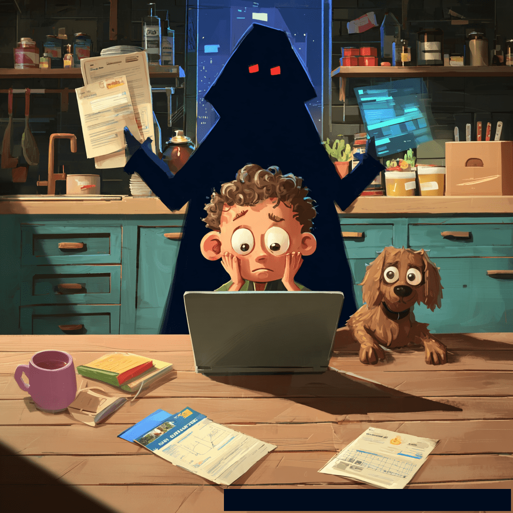 A startled boy stares wide-eyed at a laptop on a kitchen counter, with a large, ominous, shadowy figure with red eyes looming behind them, holding papers and a glowing screen, while a worried dog peeks from the right.
