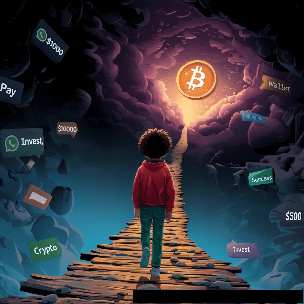 A young person with curly hair walks along a wooden bridge towards a glowing Bitcoin symbol in the distance, surrounded by floating text bubbles with words like "Invest," "Crypto," "Wallet," "Success," and monetary values, set against a mysterious, cloud-filled sky.