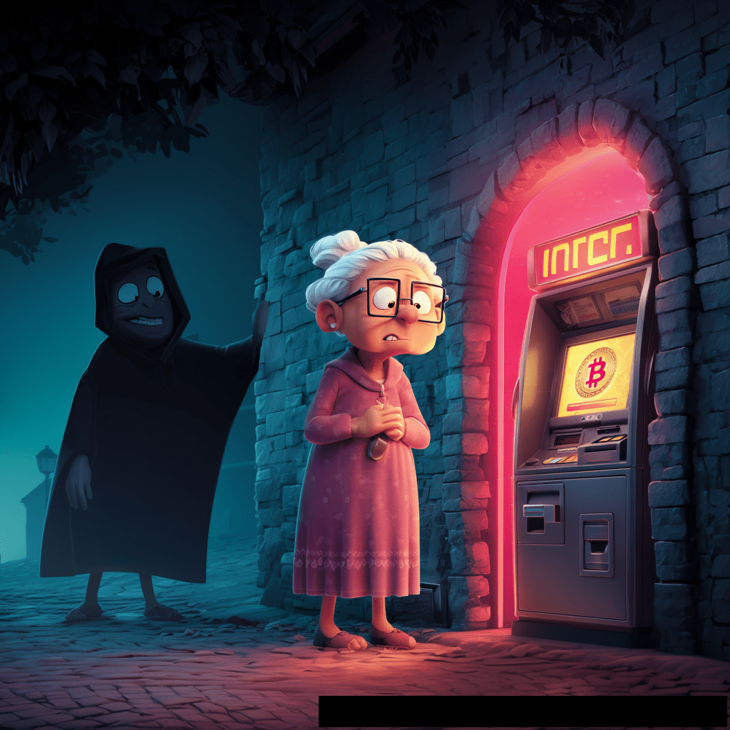 A confused elderly woman in a pink dress and glasses stands in front of a glowing crypto ATM, looking worriedly at her phone while a cloaked, suspicious figure with a toothy grin peeks out from a dark archway behind her.