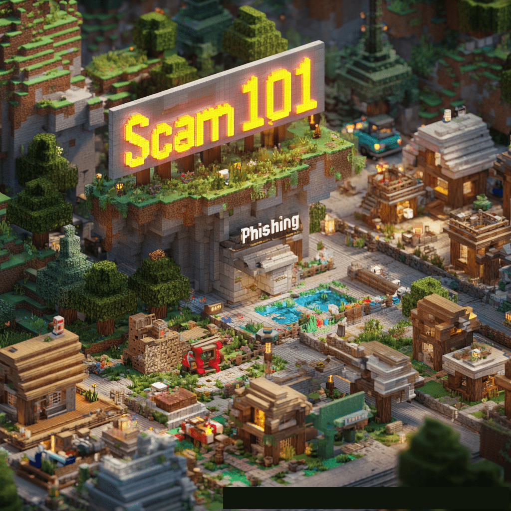 The image depicts a miniature, blocky village, reminiscent of the Minecraft style, where a large, glowing "Scam 101" billboard sits atop a stone structure with an entrance labeled "Phishing," all overlooking a bustling town square.