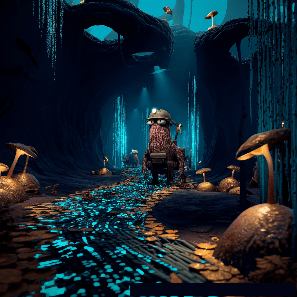 A small, red, textured creature wearing a mining helmet and vest stands on a glowing blue and gold path within a dark, cavernous, mushroom-filled underground environment.