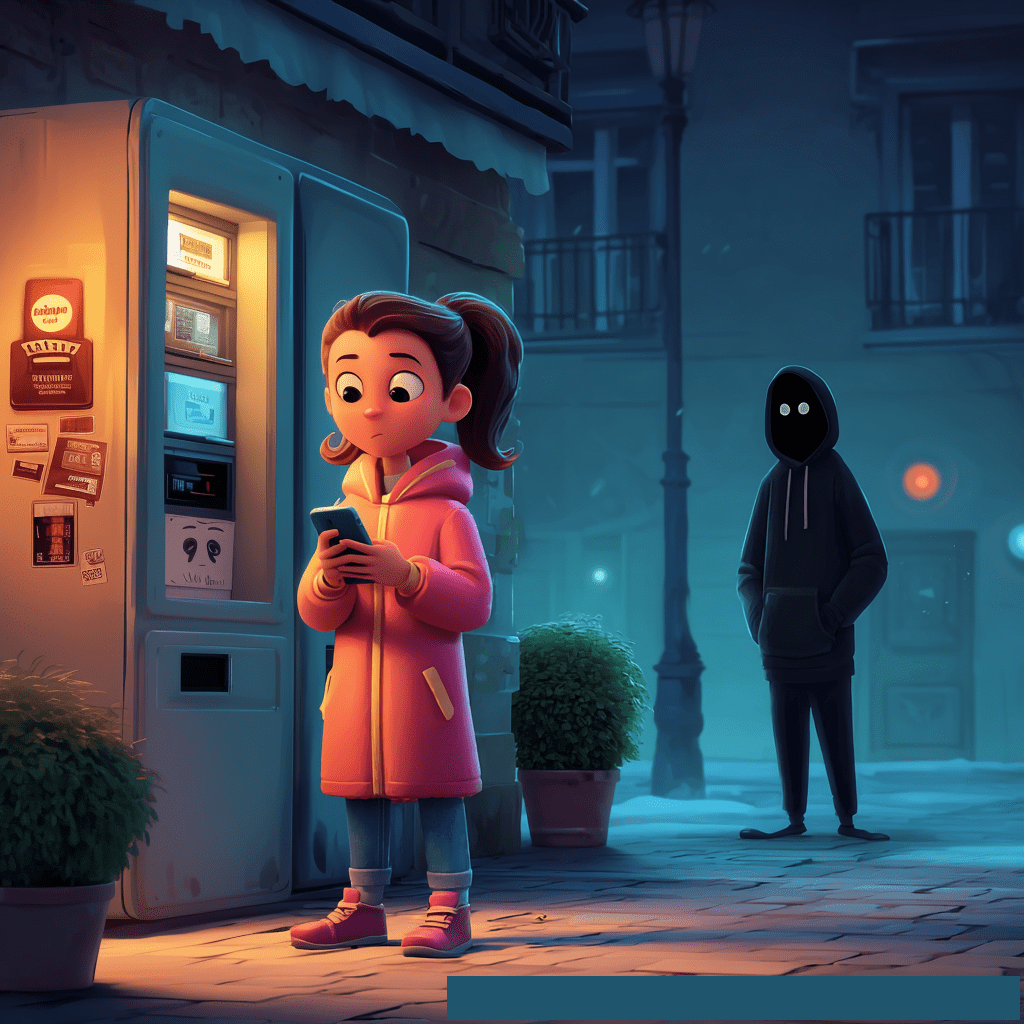 A young girl in a pink coat stands in front of a smart locker, looking at her phone, while a shadowy figure with blank black eyes looms behind her in the dark street.