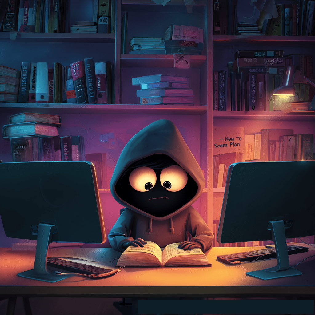 A hooded, cartoon-like figure with large, wide eyes sits at a desk between two computer monitors, studying a book titled "How To Scam Plan" in a dimly lit room with bookshelves.