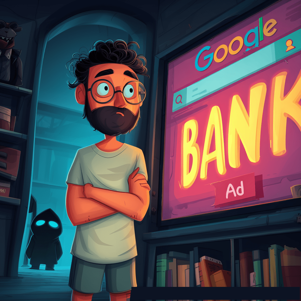 A concerned, bespectacled man with a beard stands with his arms crossed, looking at a large screen displaying a glowing Google search page with an "Ad" for a bank, while a small, shadowy hooded figure with blue eyes lurks in the background.