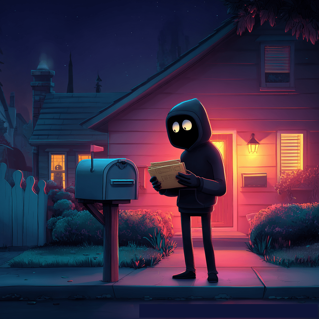 A criminal with large, glowing eyes stands outside a suburban house at night, holding a stack of mail that they have just retrieved from a mailbox in search of a chequebook.
