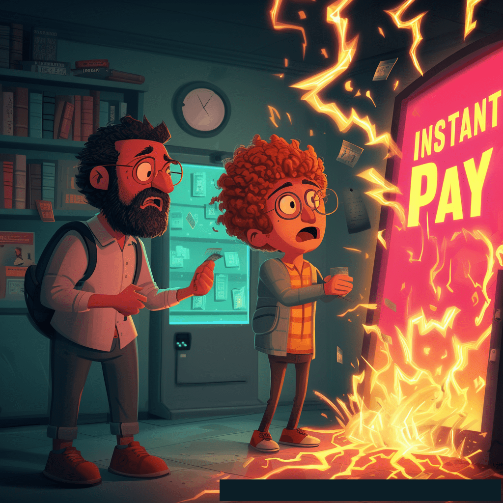 Two shocked men stand in a room, staring in horror as an "INSTANT PAY" terminal bursts with fiery, lightning-like energy and pulls in the cash.