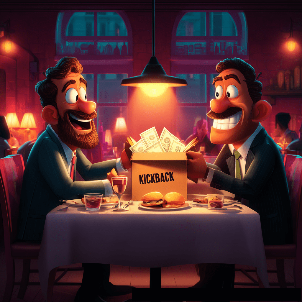 Two men in business suits sit at a restaurant table, smiling conspiratorially as they pass a box labeled "KICKBACK" filled with bundles of cash between them.