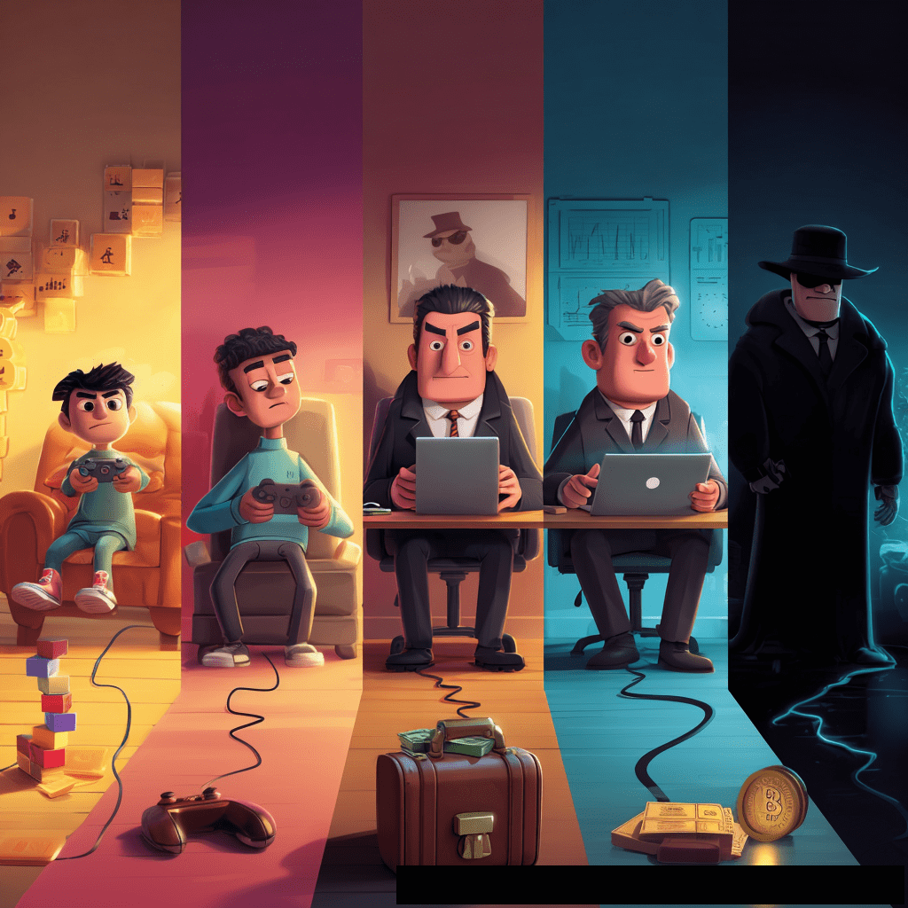The image is a vertical five-panel comic strip showing a fraudster's evolution. It begins with a young boy playing a video game, then shows him as a teen doing the same, followed by a professional man in a suit at a desk, then a more corporate figure with a laptop, and finally a sinister, well-dressed villain standing over a Bitcoin.