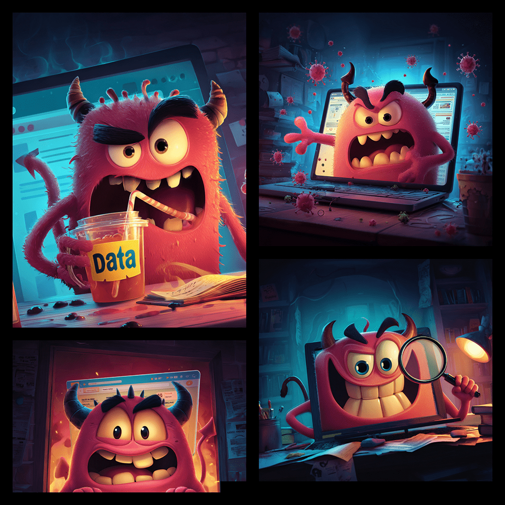 Four-panel mosaic featuring a cartoonishly evil, horned, pink monster, illustrating various activities: the top-left shows it happily drinking from a cup labeled "Data," the top-right shows it aggressively emerging from a laptop screen surrounded by virus symbols, the bottom-left shows a close-up of its face filling a browser window, and the bottom-right shows it peering through a magnifying glass from inside a screen.