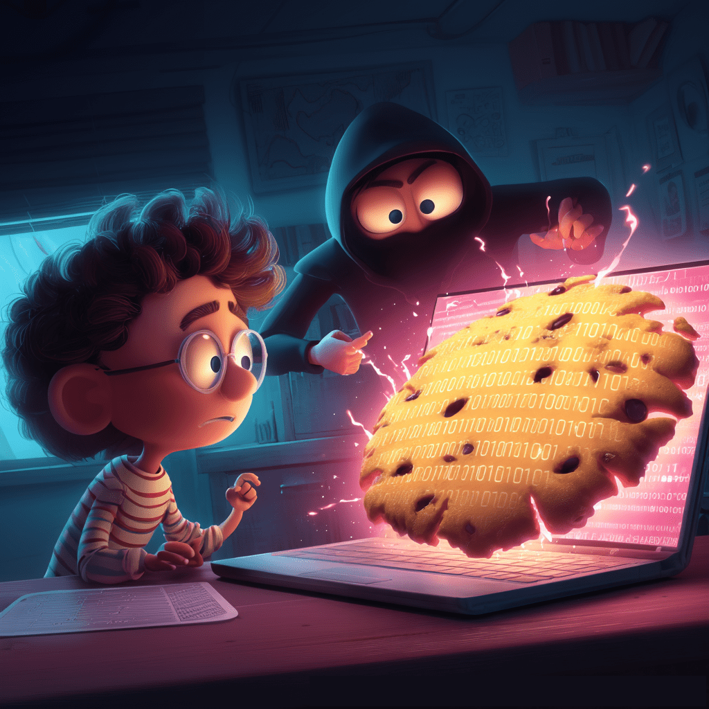 A wide-eyed boy wearing glasses looks startled as a large, glowing cookie covered in binary code erupts from his laptop screen, while a shadowy, hooded figure reaches over his shoulder, trying to steal the cookie.