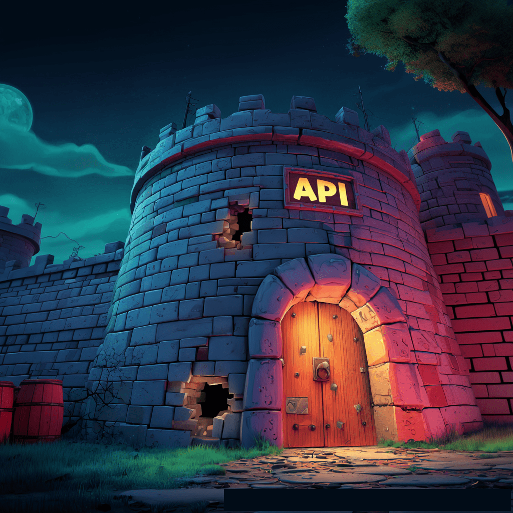 A fortified stone castle wall with a glowing "API" sign above the main wooden gate shows signs of decay, with visible cracks and holes, set against a mysterious night sky with a full moon.