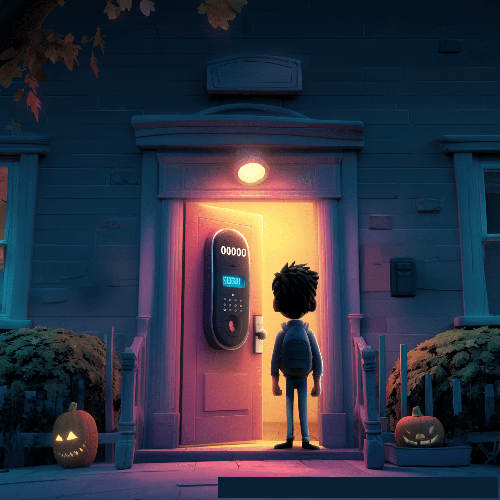 A fraudster with a backpack stands in front of an open doorway at night, facing a futuristic black smart lock displaying the default "00000" code he typed in, with two carved Halloween pumpkins glowing dimly on the front steps.