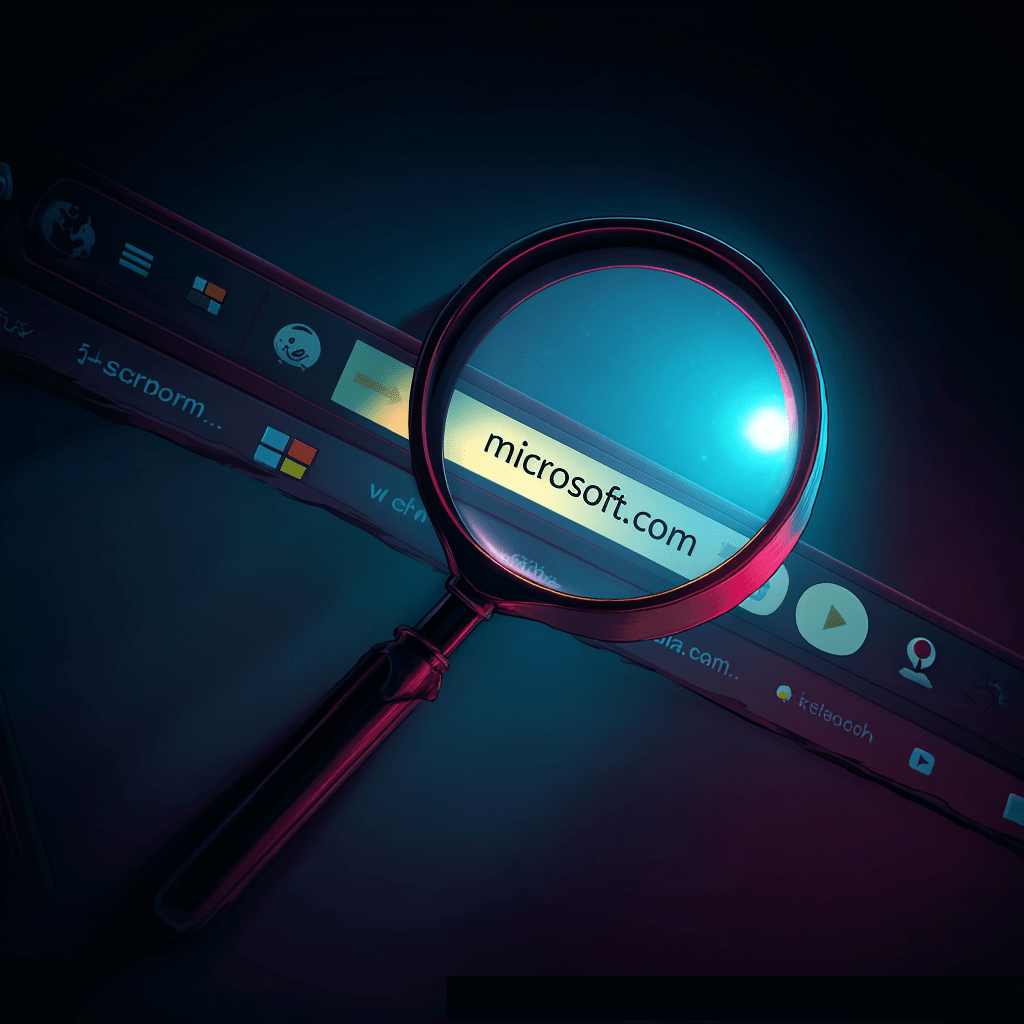 A large magnifying glass hovers over a dark browser address bar, highlighting the URL "https://www.google.com/search?q=m%C3%ACcrosoft.com" with a small accent over the 'i' to illustrate how homoglyphs are used in deceptive phishing attacks.