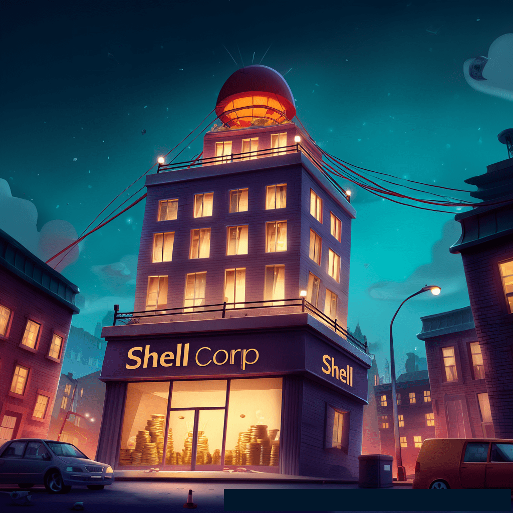 A tall, dark building labeled "Shell Corp" and "Shell" sits in a nighttime cityscape, with its ground floor windows revealing large stacks of gold coins, and wires extending from a large, glowing red dome on its roof.