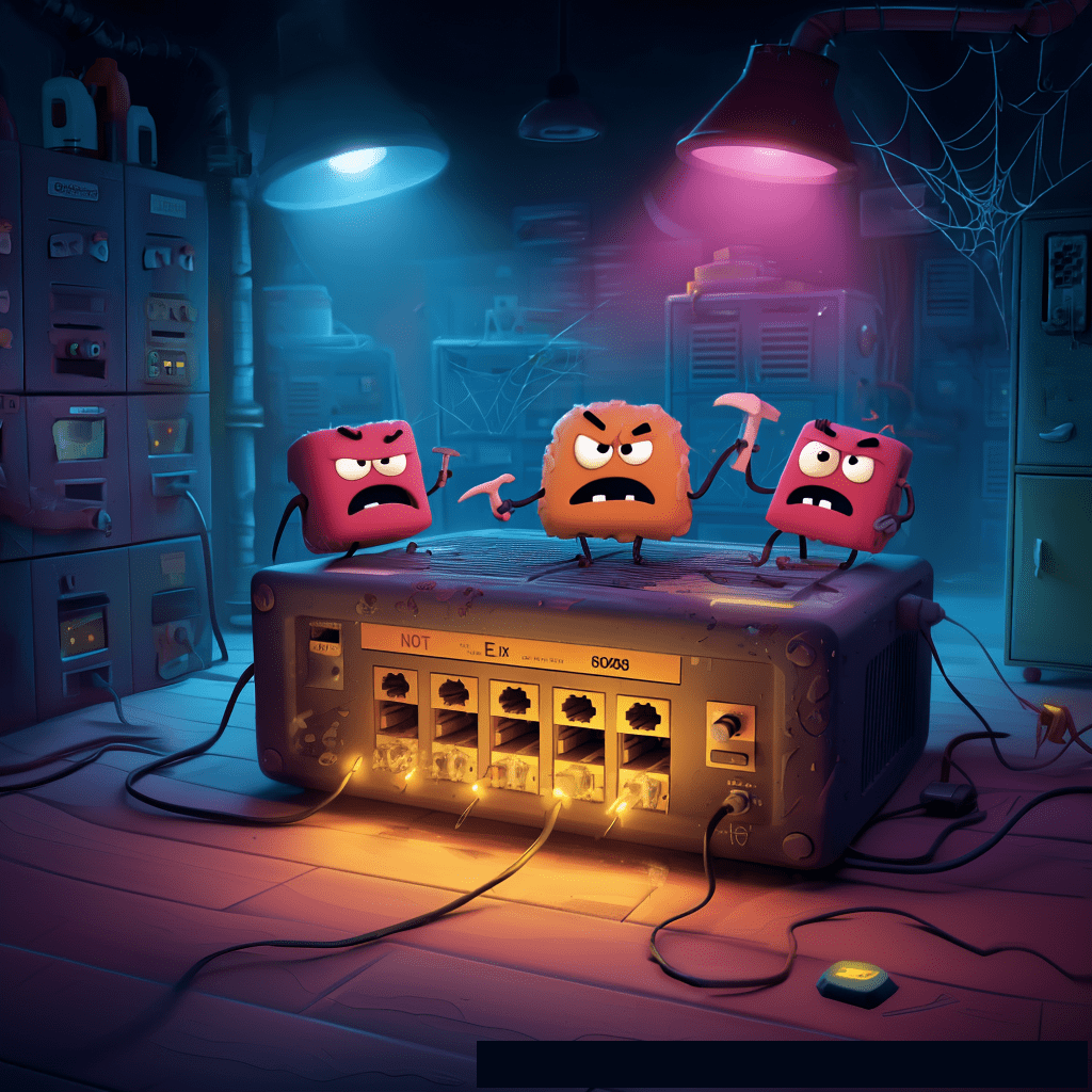 Three angry, square-shaped cartoon monsters wielding hammers and pickaxes stand atop a vintage, glowing network router with multiple ports and tangled wires.