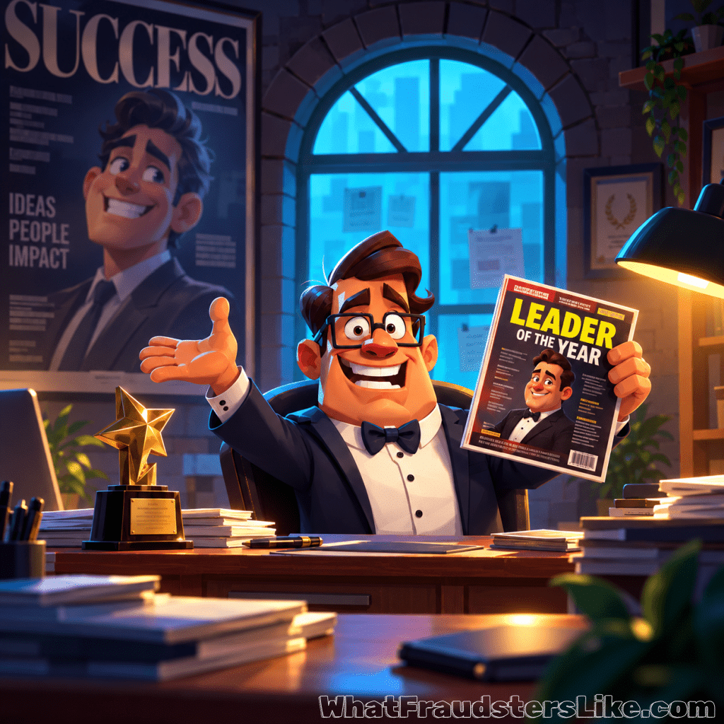 Kreslený obrázok rozžiareného muža v smokingu s motýlikom za preplneným kancelárskym stolom, ktorý drží magazín Leader of the Year s vlastnou tvárou na obálke vedľa zlatej trofeje v tvare hviezdy, zatiaľ čo za ním na stene visí obrovská obálka Success s jeho portrétom.