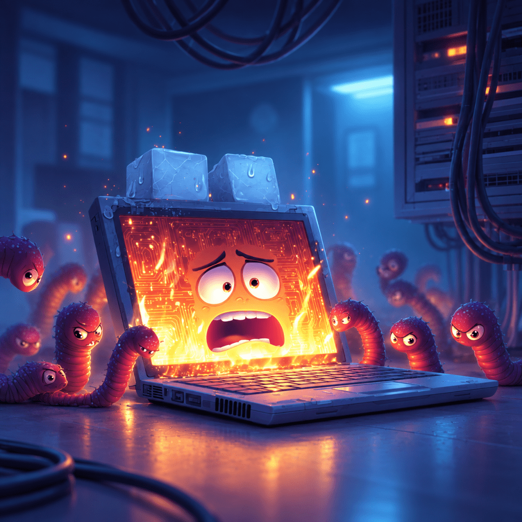 3D animation of a panicked, overheating laptop with a screaming face and fiery circuit boards on its screen, melting ice cubes on top, surrounded by menacing red computer worms in a dark server room.