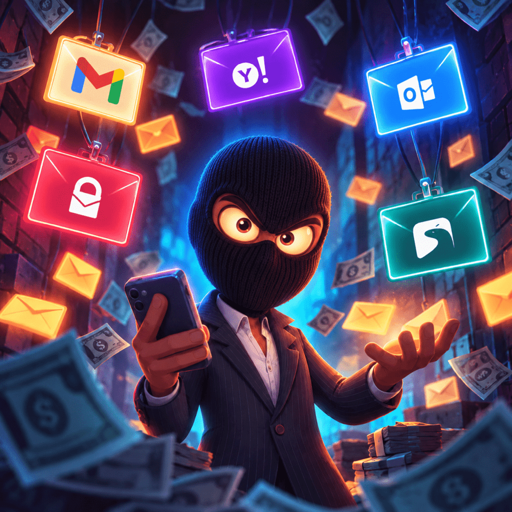 3D animation of a masked thief in a suit holding a smartphone amidst falling money and glowing envelopes, surrounded by luminous badge-style icons of various free email providers like Gmail, Yahoo, and Outlook.