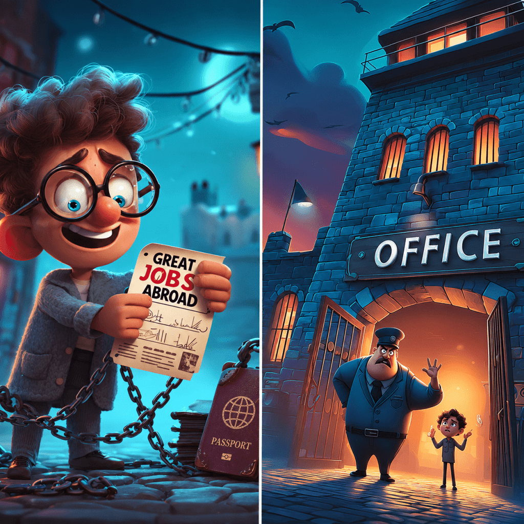 3D animation split scene depicting modern forced labor fraud: on the left, an unsuspecting young man holds a flyer reading "Great Jobs Abroad" while chained to a locked passport; on the right, an imposing guard and a distressed worker stand before a fortress-like stone prison labeled "OFFICE" under a dark sky.