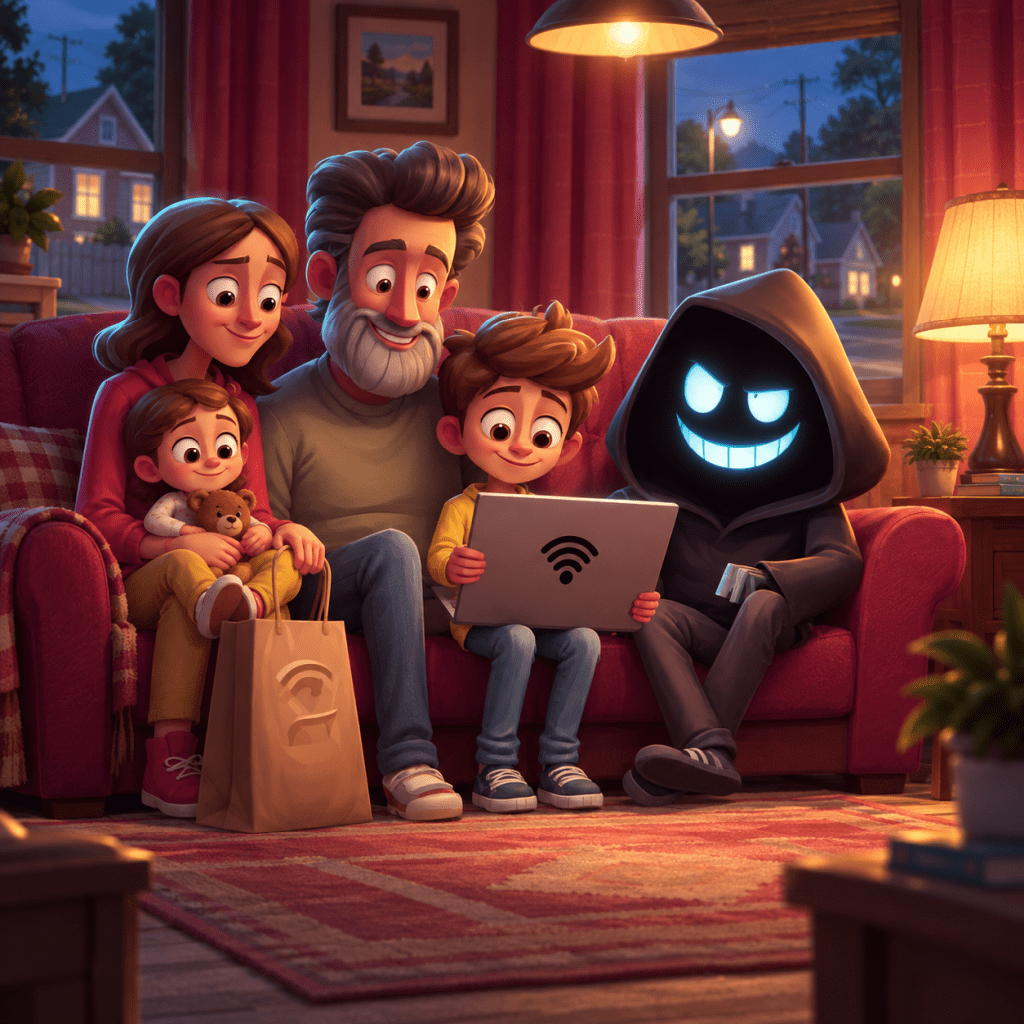 3D animation of a cozy family gathered on a living room sofa, where a young boy uses a laptop with a Wi-Fi symbol while an ominous, hooded digital hacker with a glowing, grinning mask sits right beside them, symbolizing a residential proxy network invasion.