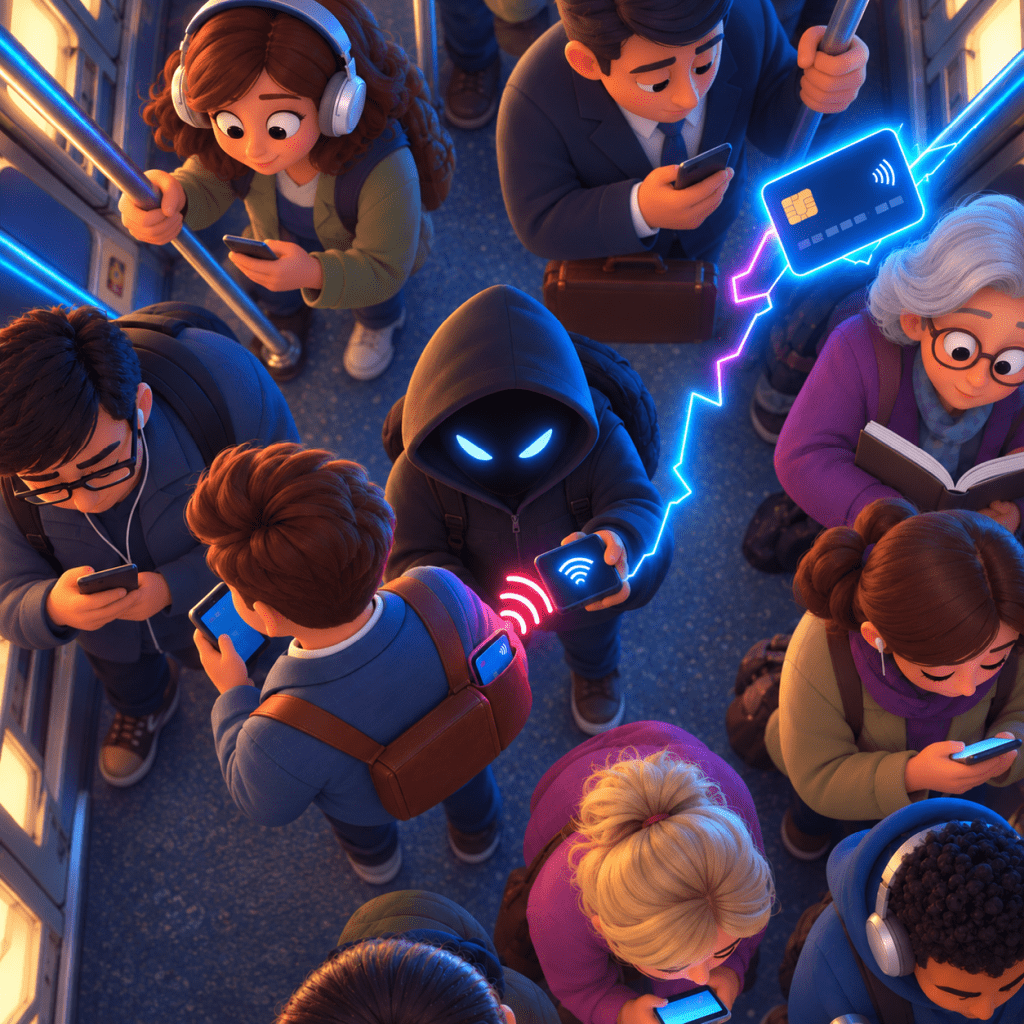 A 3D animated illustration viewed from a high-angle perspective inside a crowded subway car, where distracted passengers are engrossed in their smartphones and books while a shadowy, hooded figure with glowing cyan eyes stands among them, secretly scanning a commuter's backpack with a handheld device emitting glowing contactless signals to intercept and wirelessly siphon data to a floating, luminous blue credit card icon above.