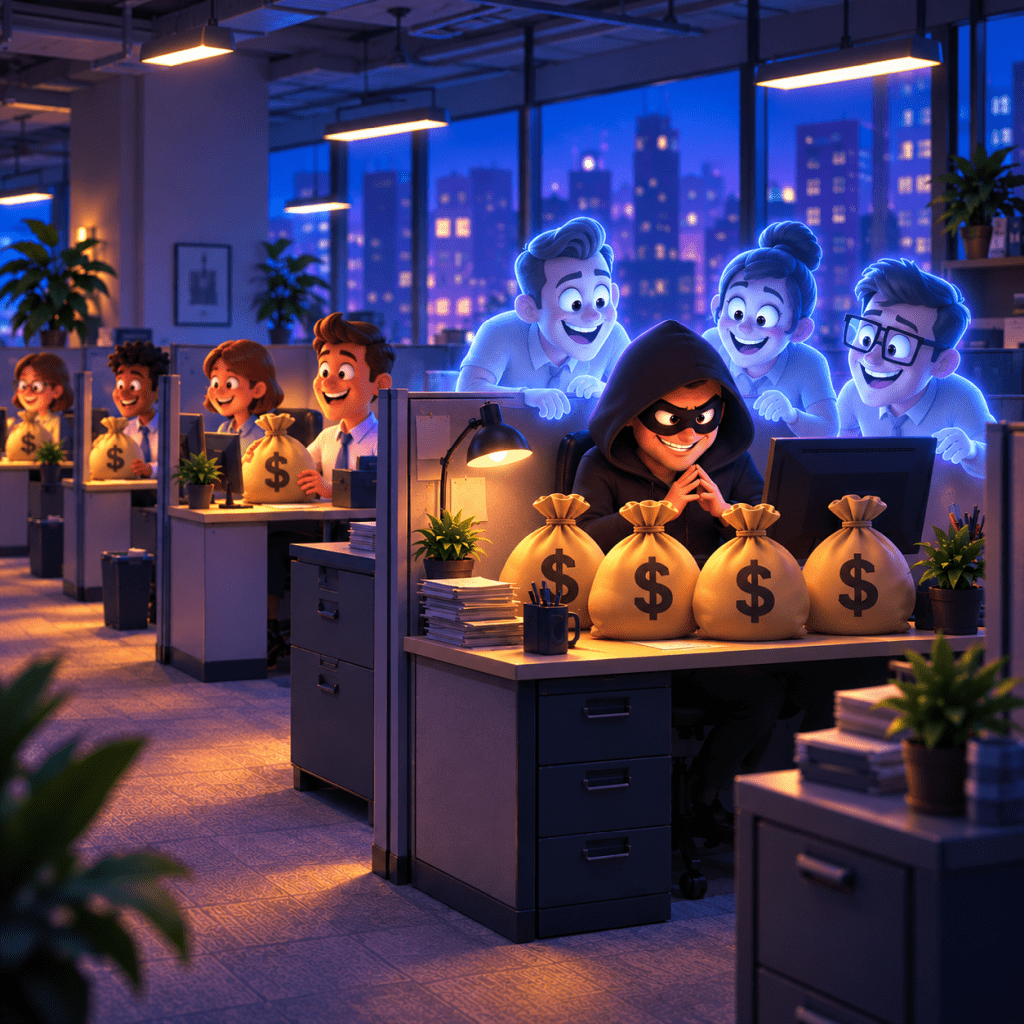 A 3D animated illustration depicting a dimly lit modern corporate office at night with city lights visible through large windows, where a masked cyber thief in a black hoodie sits smugly at a cubicle desk surrounded by four large burlap money bags with dollar signs, watched eagerly by three translucent blue digital ghost avatars leaning over the cubicle wall, while oblivious office employees in adjacent cubicles continue working with smaller sacks of money resting on their desks.